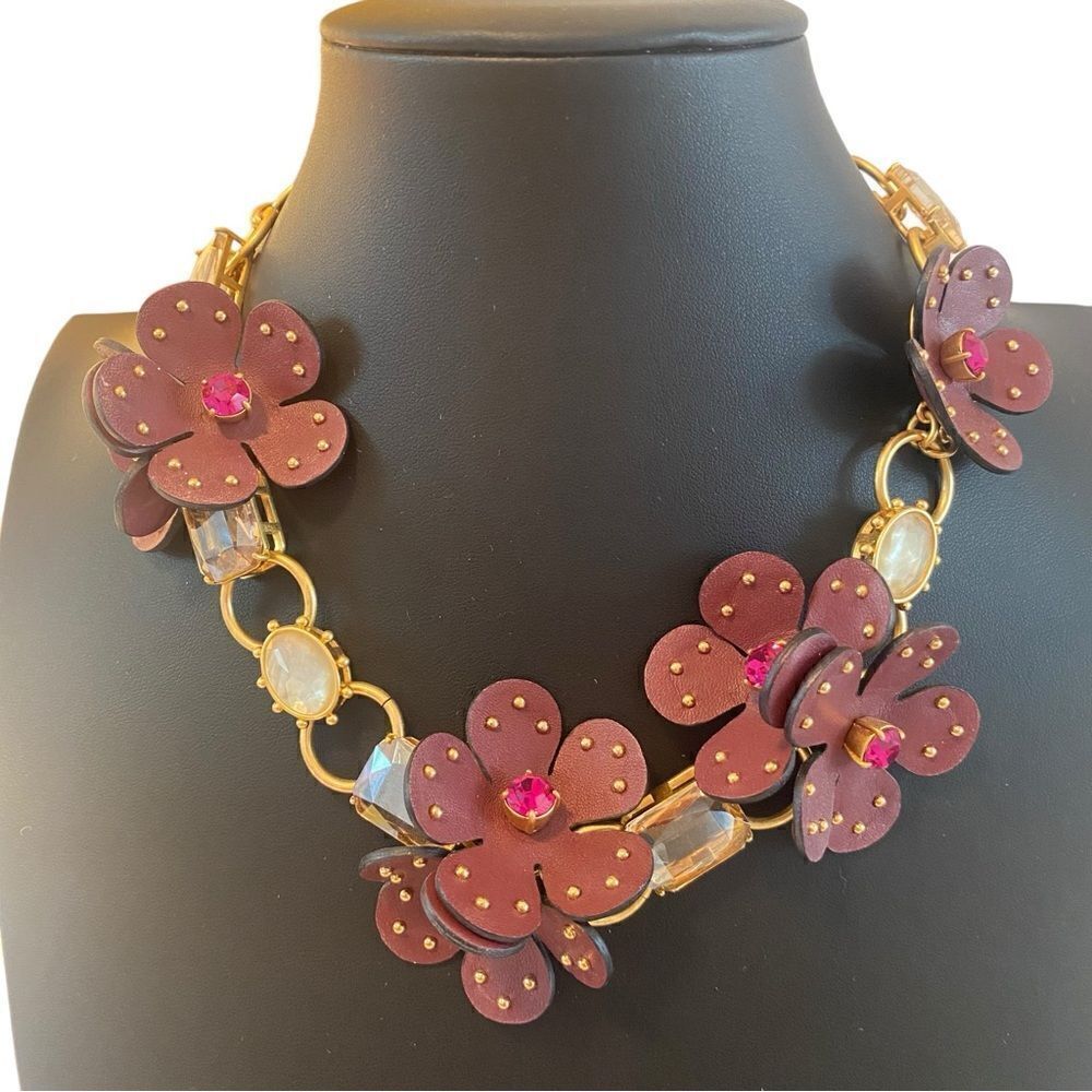 Gorgeous & Sexy Kate Spade Burgundy & Gold Tone Leather Floral Necklace.